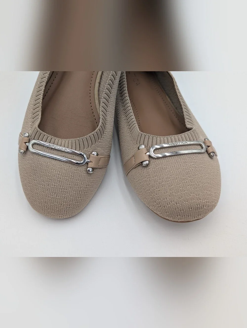 Nautica Halidon Sz 8 Taupe Knit Upper Silver Equestrian Style Buckle Ballet Flat